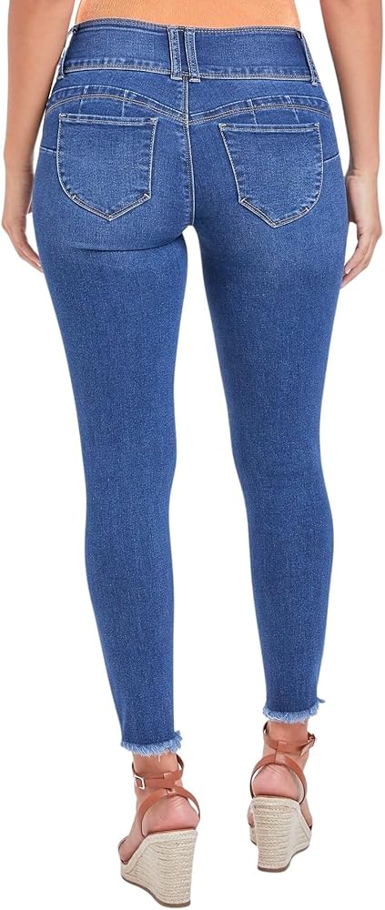 YMI Women's Wannabettabutt 3-Button Mid-Rise Fray Hem Skinny Ankle Denim Jeans