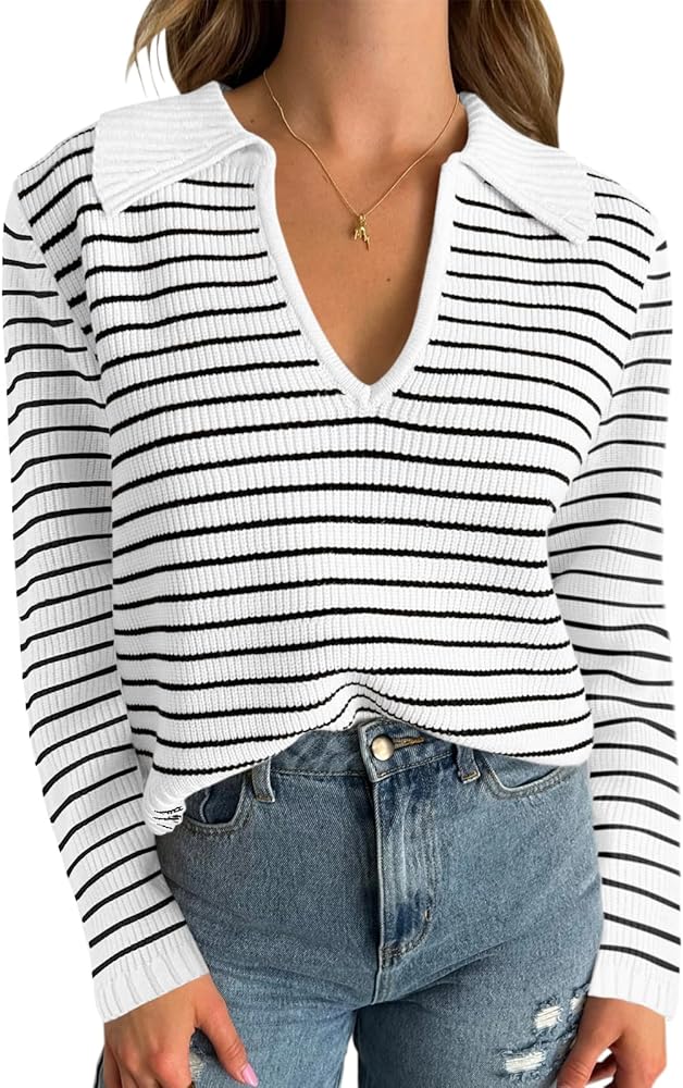 Yousify Womens Striped Sweaters 2024 V Neck Long Sleeve Tops Fall Winter Comfy Knit Clothes Pullover Sweater S-2XL