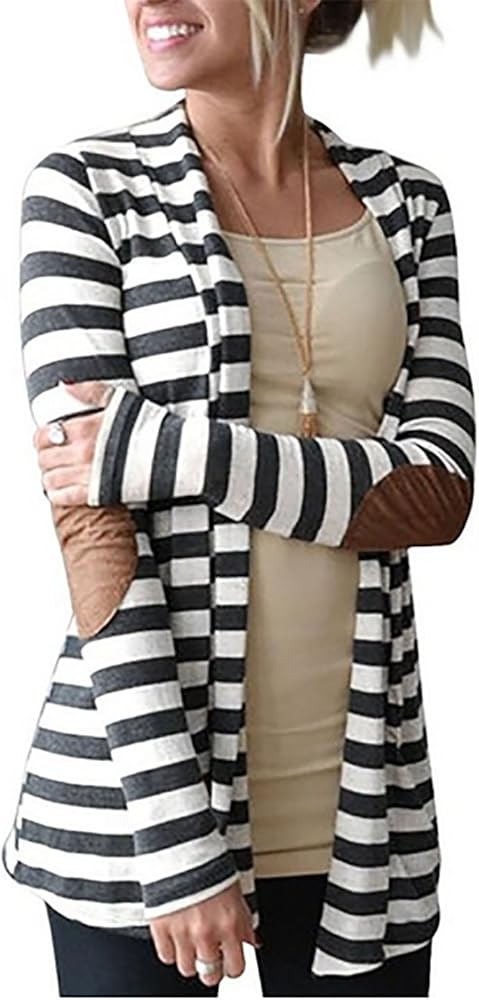 Women's Elbow Patch Long Sleeve Shawl Thick Striped Open Front Cardigan Sweater