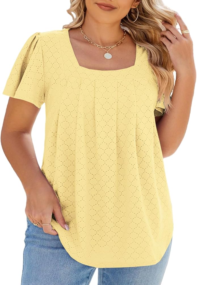 ROSRISS Plus-Size Tops for Women Eyelet Flowy Shirts Ruffle Short Sleeve Tunics