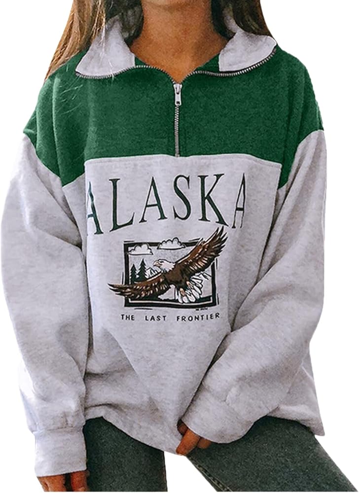 Women Novelty ALASKA Letter Print Sweatshirt Vintage Zipper Long Sleeve Loose Lapel Hoodie Pullover