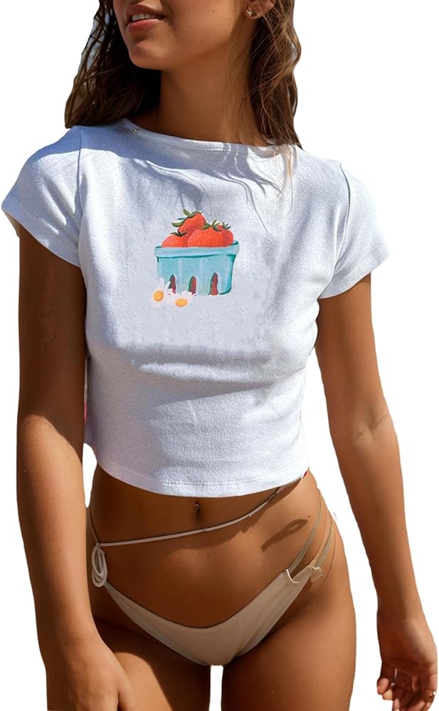 Women's Graphic Baby Tees Short Sleeve Aesthetic Y2k Crop Tops Teen Girls Cute Tshirts