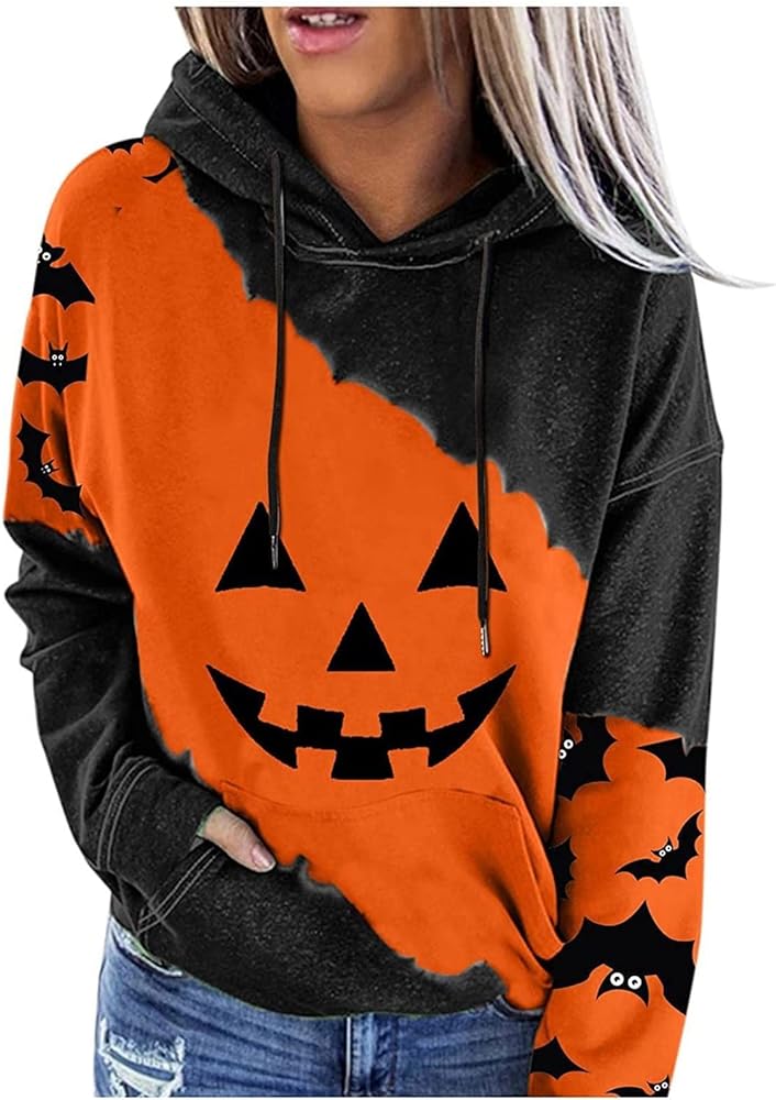 ADHOWBEW Womens Halloween Sweatshirts 2024 Long Sleeve Pumpkin Oversized Cute Y2k Hoodies