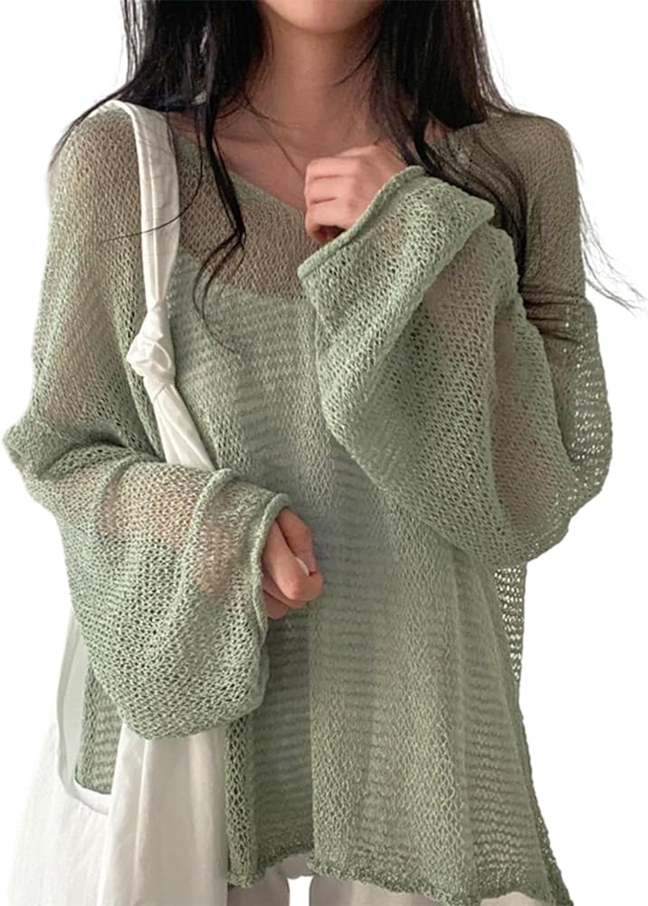 KIEKIECOO Womens Crochet Cover Up Net Sweaters Lightweight Loose Knit Coverup Long Sleeve Summer Coverups Hollow Out Top