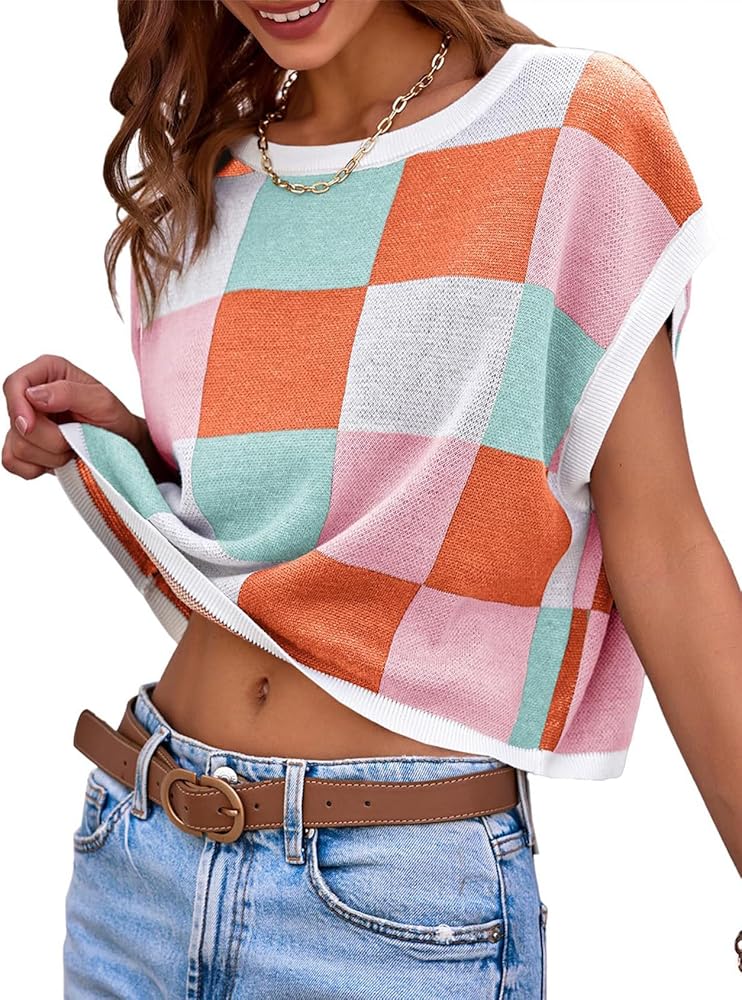 Arssm Cap Sleeve Sweater Vest Women Color Block Knit Crop Tops Crew Neck Loose Fit Casual Summer Going Out Outfits