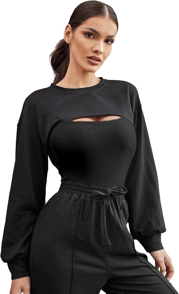 Verdusa Women's Drop Shoulder Asymmetrical Crop Pullover Sweatshirt Top