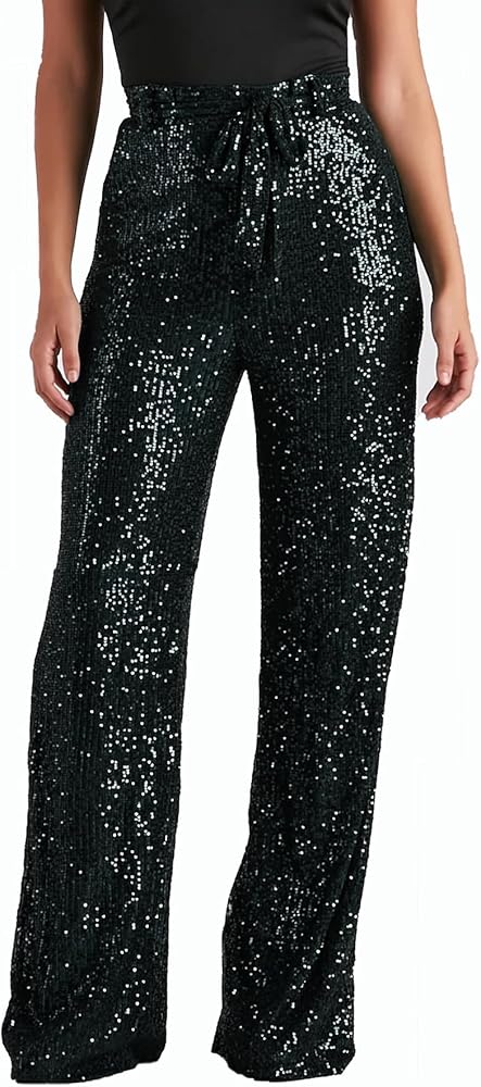 Women's Sequin Sparkle Pants High Waist Shiny Wide Leg Pants with Belt Night Out Party Club Trousers