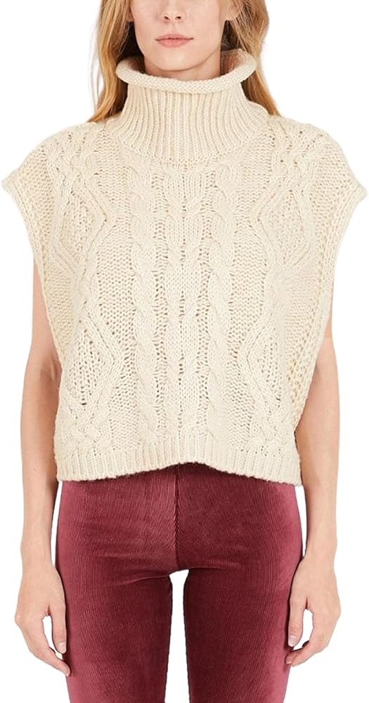 Perbai Womens Oversized Cropped Sweater Vest Pullover Cap Sleeve Turtleneck Cable Knit Tank Top