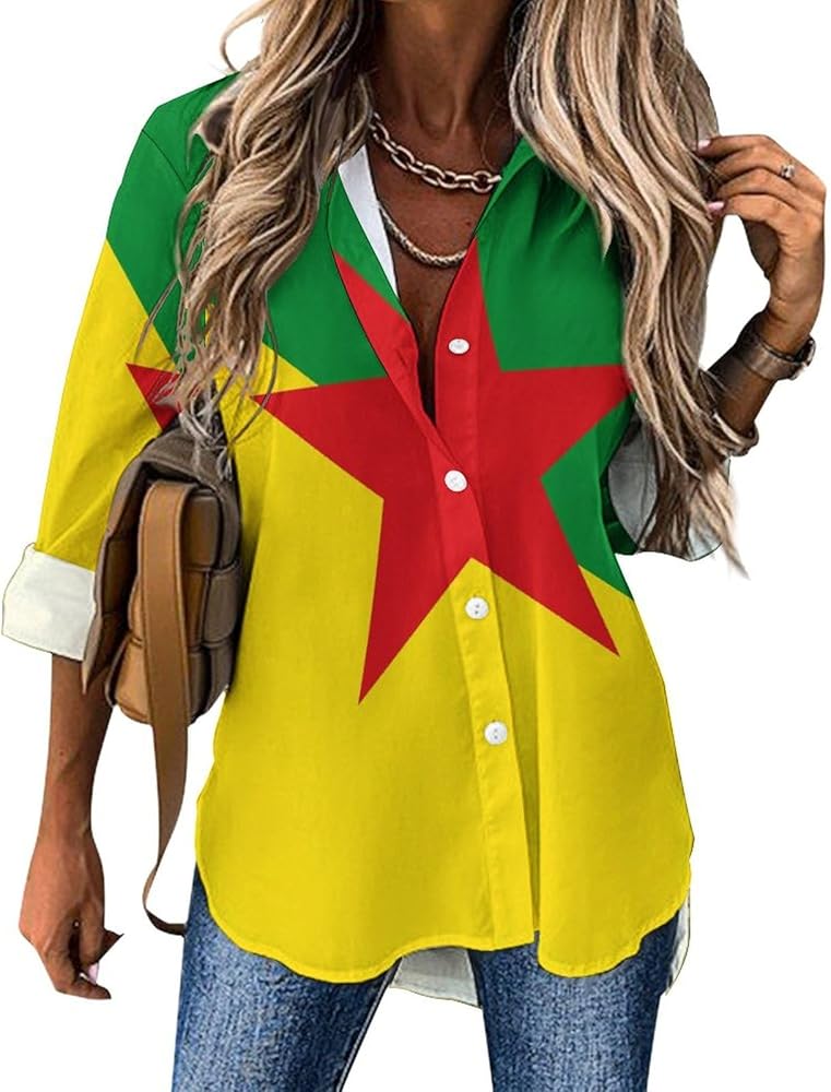 French Guiana Flag Classic Shirts for Women Long Sleeve Blouse Casual V Neck Tee Tops Work Office