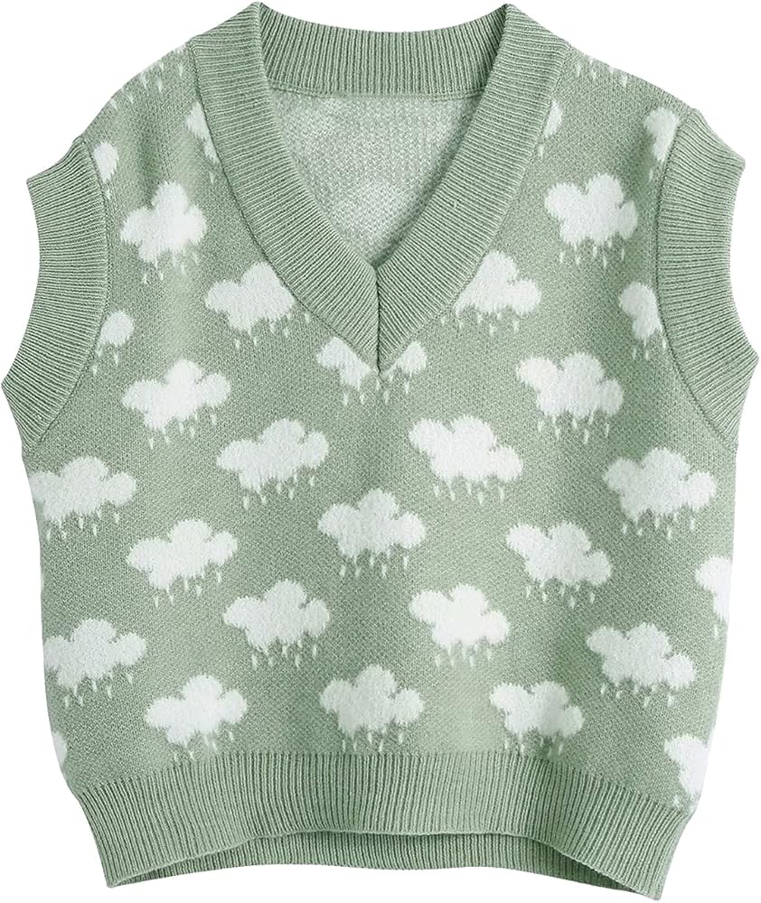 Flygo Womens Cloud Print V Neck Knit Sweater Vest Loose Sleeveless Pullover Tank Tops