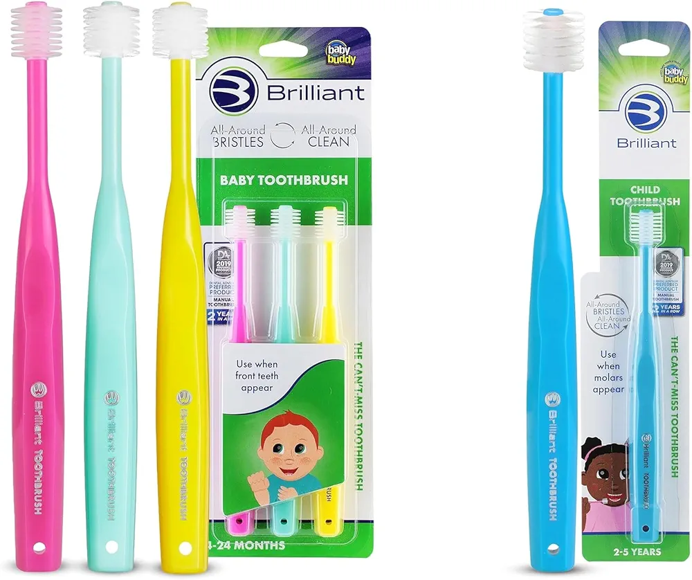 Brilliant Oral Care Bundle; Pack of 3 Baby Toothbrush- Pink Mint Yellow & Pack of 1 Child Toothbrush with Soft Bristles Round Head - Blue