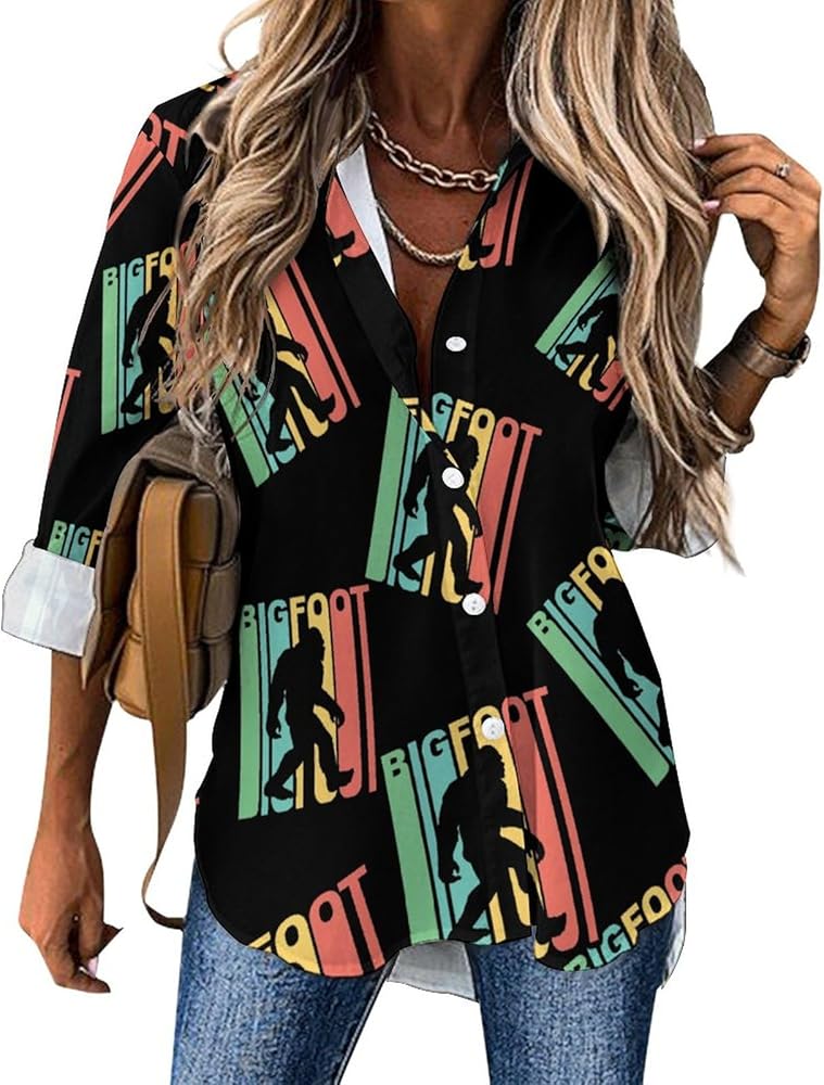 Retro Bigfoot Classic Shirts for Women Long Sleeve Blouse Casual V Neck Tee Tops Work Office