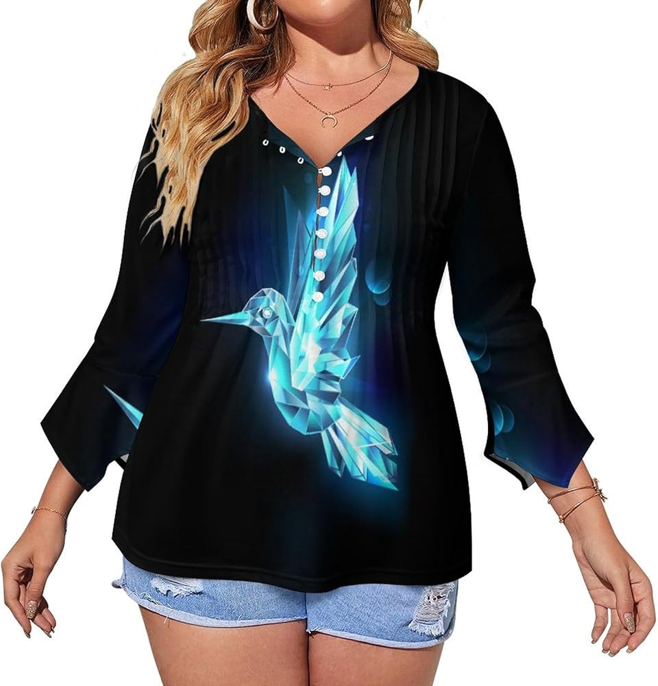 Flying Crystal Hummingbird Cute Womens T-Shirts 3/4 Sleeve Button Down Tee Tops Blouse Summer Beach