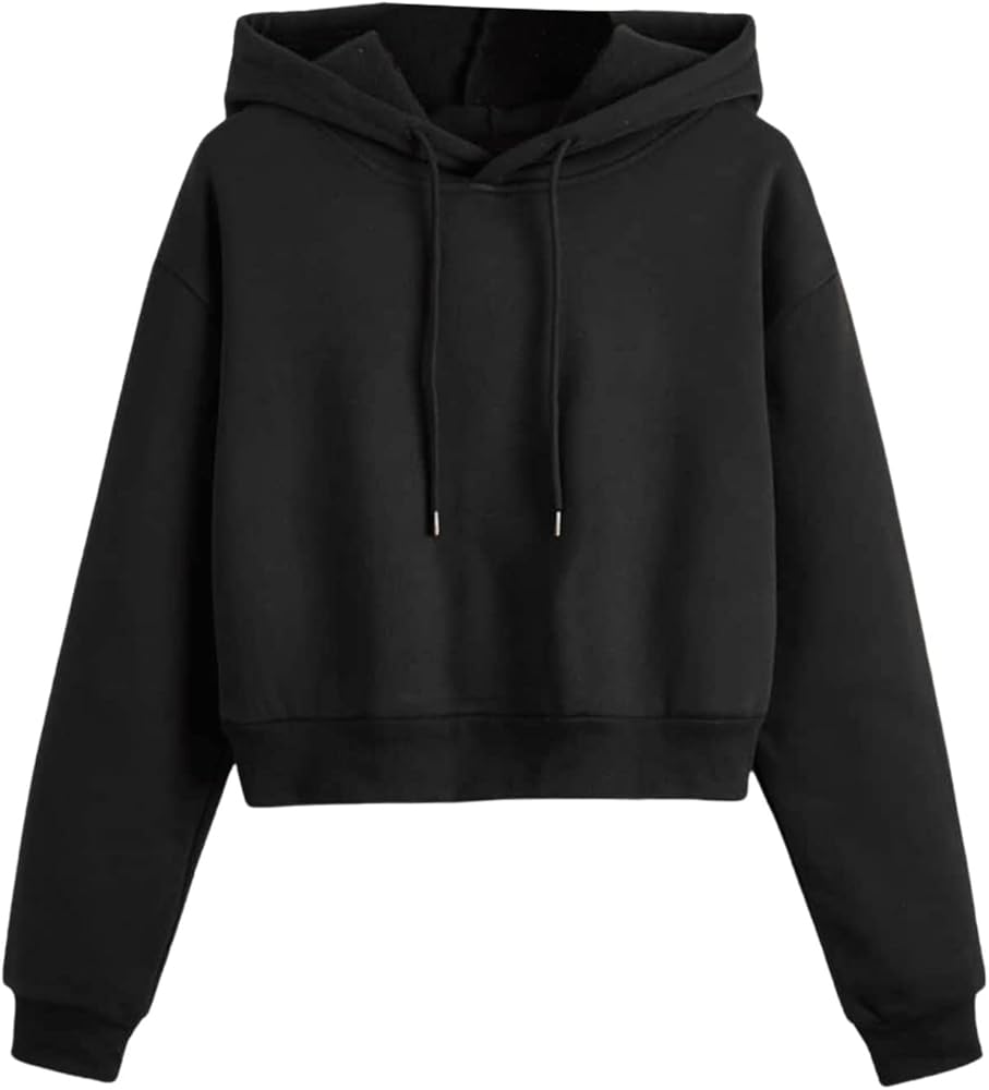 Verdusa Women's Basic Long Sleeve Drawstring Hooded Pullover Top Crop Sweatshirt