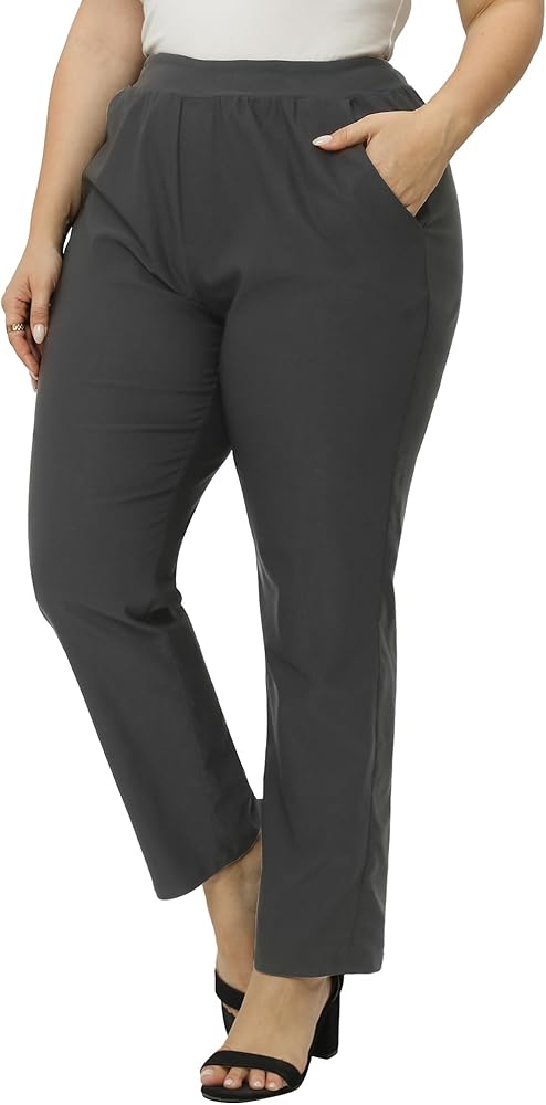 Gboomo Womens Plus Size Dress Pants Pull-on Straight Leg Stretchy Business Office Work Pants with Pockets