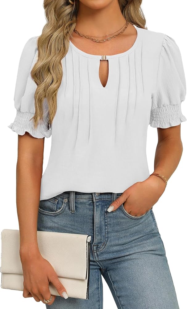 Fayenne Womens Tops Dressy Casual Puff Ruffle Short Sleeve Blouses Business Casual Keyhole V Neck Sexy Tops Summer Tshirt