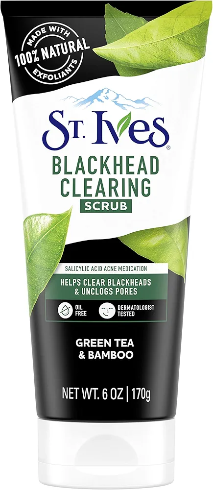 St. Ives Blackhead Clearing Face Scrub, Clears Blackheads & Unclogs Pores, Green Tea & Bamboo, Salicylic Acid Acne Treatment Facial Scrub, Moderate Exfoliator Skin Care with Natural Exfoliants 6 oz