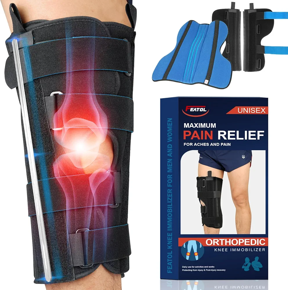 FEATOL Knee Immobilizer 3-Panel Knee Brace for Knee Pain 2.5 ’‘ Thick Cushion Adjustable Side Panels Knee Splint for Men and Women ACL, PCL, Post-Surgery, Injury Recovery, Large