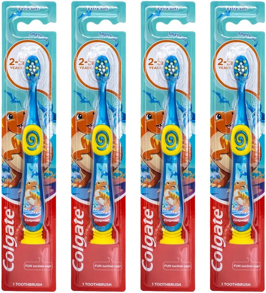 Colgate Dinosaur Toothbrush for Children with Suction Cup, Kids 2-5 Years Old, Extra Soft - Pack of 4