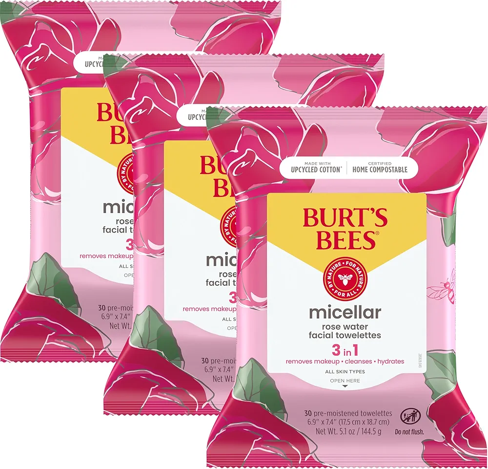 Burt's Bees Rose Water Face Wipes, for All Skin Types, College Back to School Dorm Essentials, Hydrating Micellar Makeup Remover & Facial Cleansing Towelettes, 30 Ct. (3-Pack)