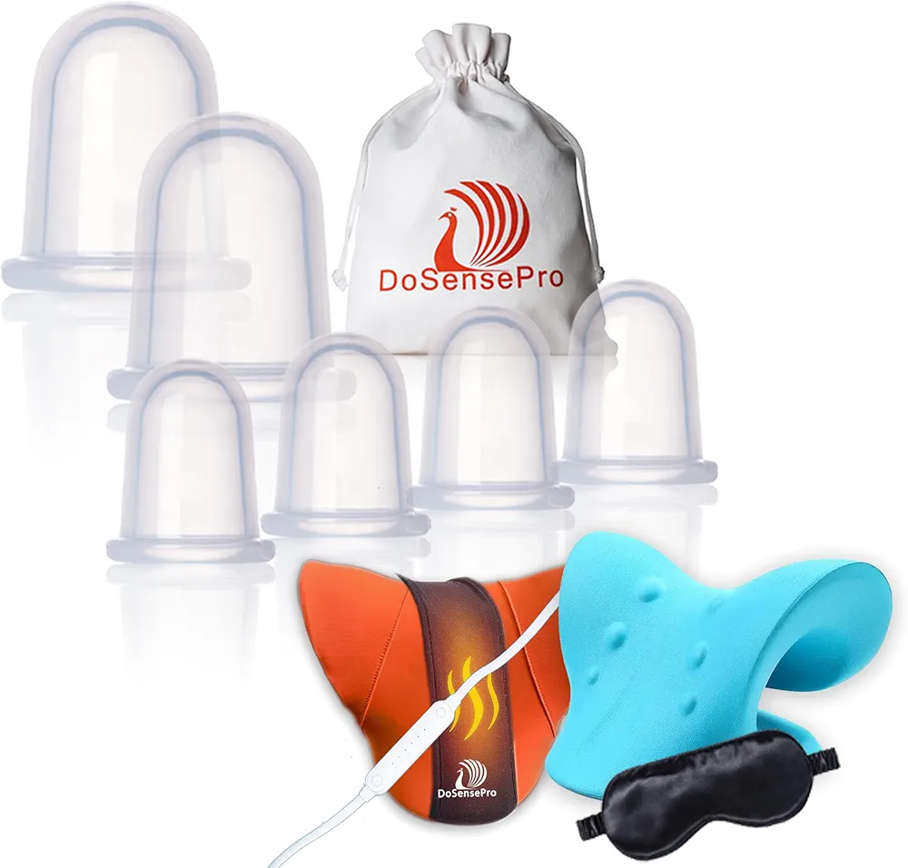 Body Pain Relief Bundle: Silicone Cupping Therapy Set of 6 + Neck Stretcher for Pain and Stress Relief