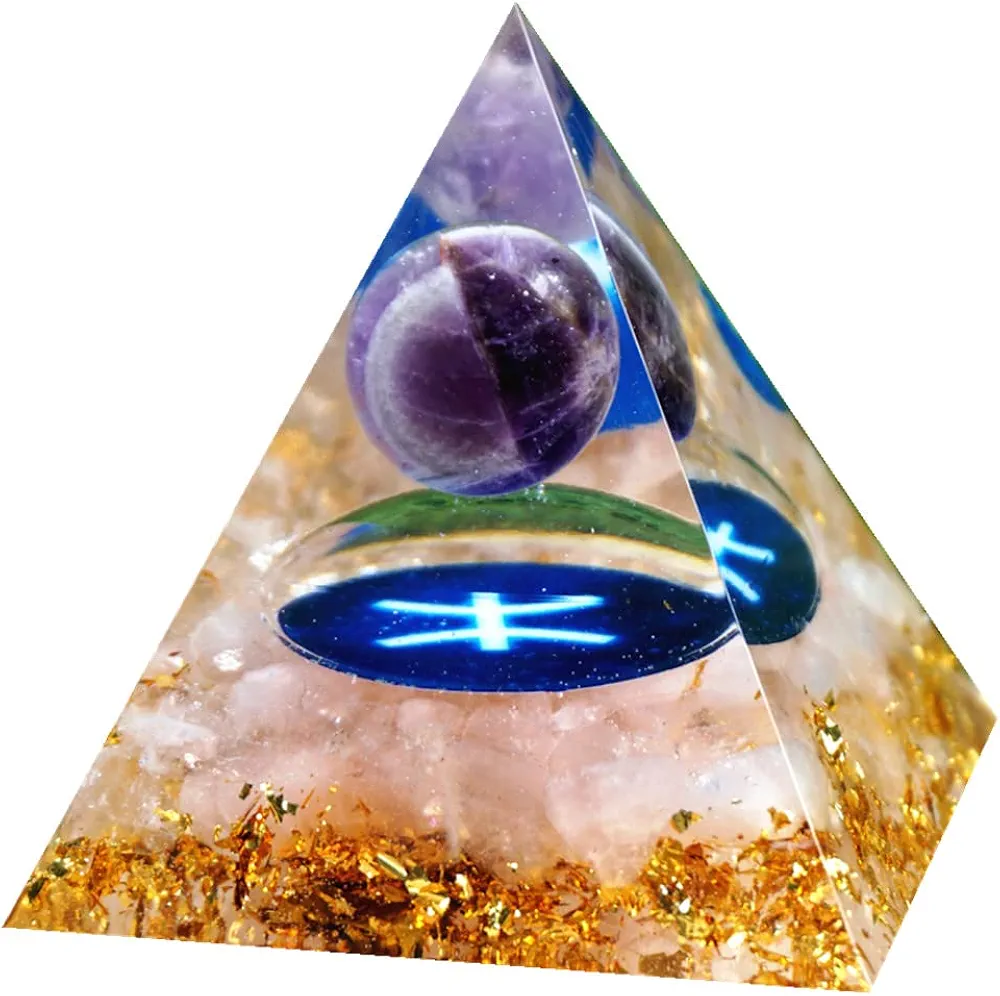 Orgone Pyramid Zodiac PISCES Style Crystal Healing Stone Amethyst Sphere with Rose Quartz for Positive Energy Chakra Reiki Protection Orgonite Pryamids Meditation Gift