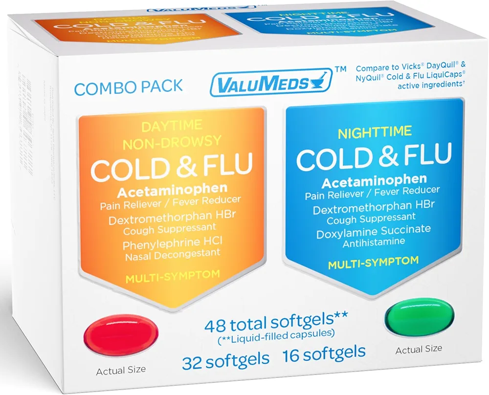 ValuMeds Cold & Flu Daytime & Nighttime Combo Medicine for Adults | Multi-Symptom Relief for Severe Congestion, Headache, Sore Throat, Aches and Pains, Fever (Daytime & Nighttime, 48 Count)