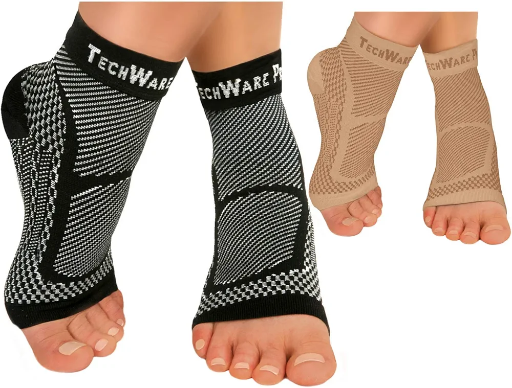 TechWare Pro Ankle Brace Compression Sleeve - Relieves Achilles Tendonitis, Joint Pain. Plantar Fasciitis Sock with Foot Arch Support. 2 Pair Bundle Black & Beige L/XL Size