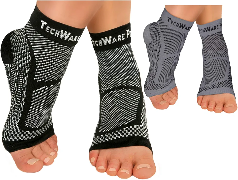 TechWare Pro Ankle Brace Compression Sleeve - Relieves Achilles Tendonitis, Joint Pain. Plantar Fasciitis Sock with Foot Arch Support. 2 Pair Bundle Black & Gray XXL Size