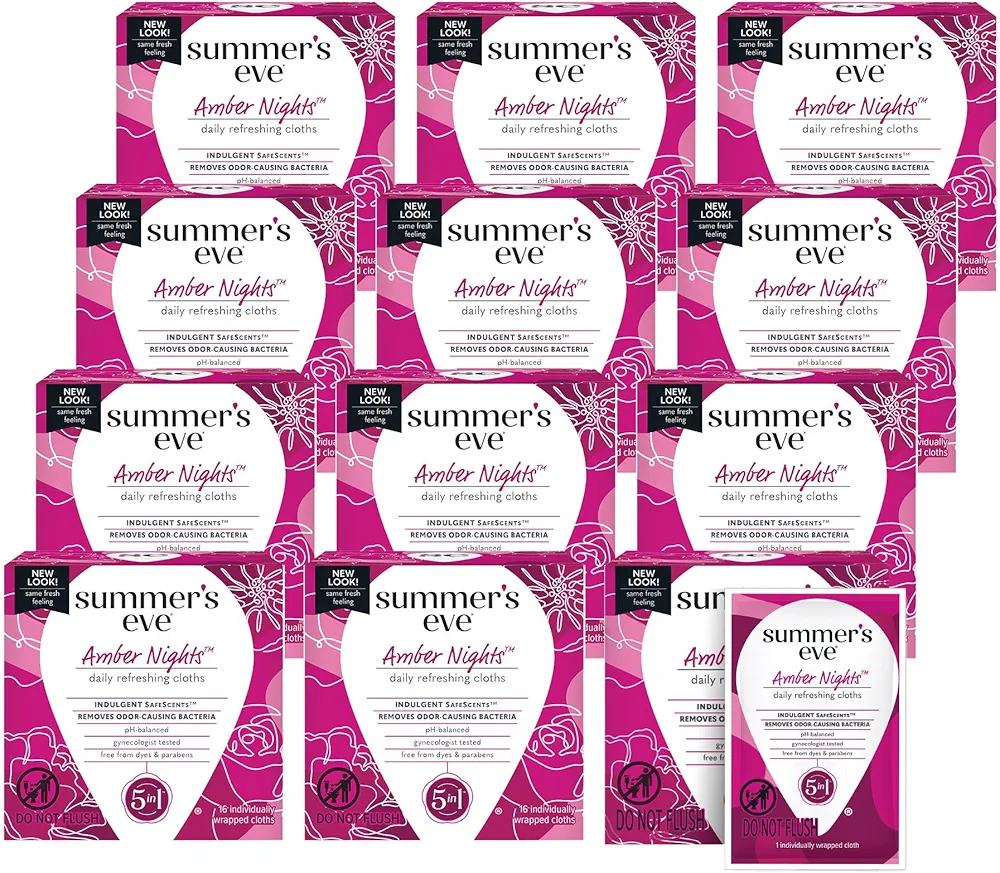 Summer's Eve Amber Nights Daily Refreshing Feminine Wipes, Removes Odor, pH Balanced, 16 Count, 12 Pack