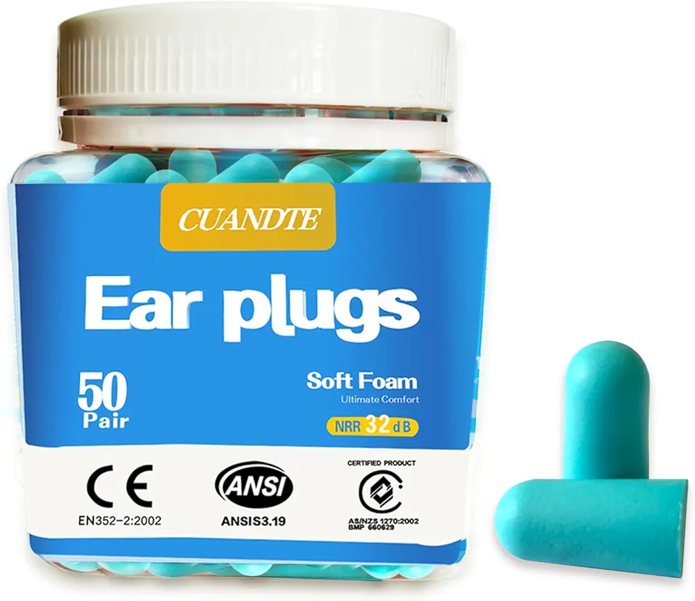 Soft Foam Ear Plugs, 50 Pair NRR 32, Earbuds for Sleeping, Loud Noise, Snoring, Concerts, Travel, Studying, Construction, Work, Shooting, Hearing Protection Blue Reusable