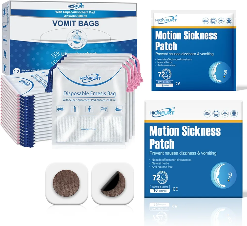 16 Count Motion Sickness Patches and 12 Pcs Absorbent Vomit Bags Disposable