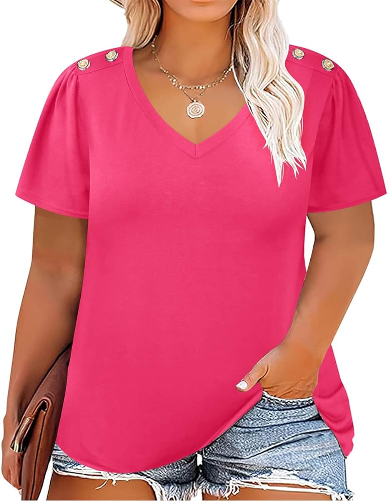 RITERA Plus Size Tops For Women Short Sleeve V Neck T Shirts Summer Basic Tunic With Side Button