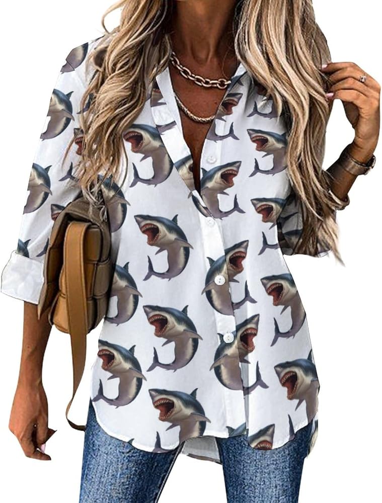 Shark Pattern Blouses for Women Hawaiian Button Down Long Sleeve Shirts Tees Tops