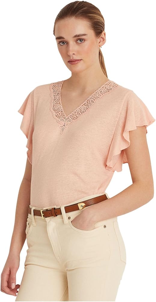 Ralph Lauren Lauren Womens Lace Trim Flutter Sleeves T-Shirt Pink S