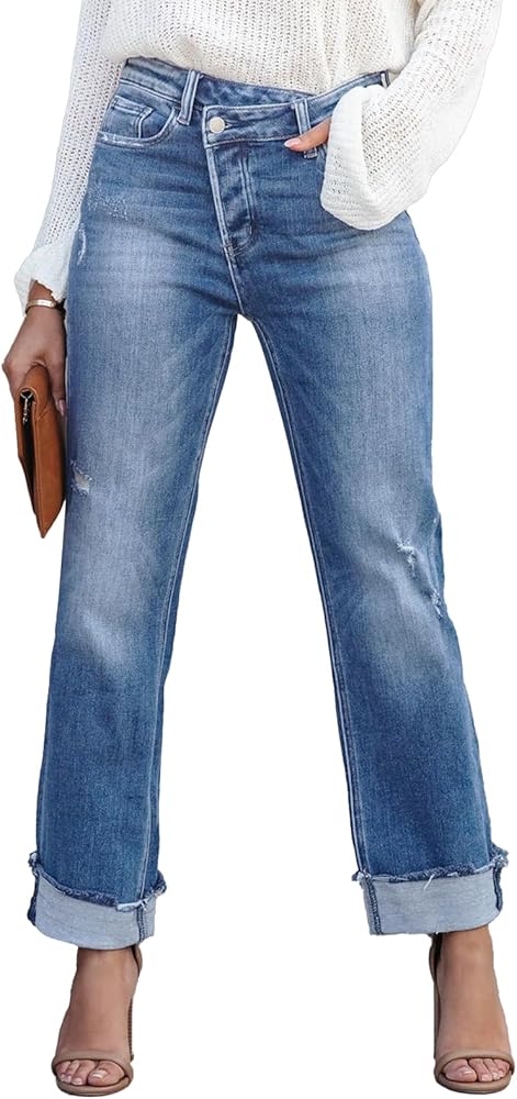 Metietila Jeans for Women Trendy High Waisted Corssover Boyfriend Jeans Distressed Stretchy Denim Pants