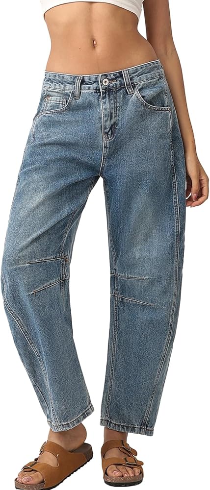 Barrel Jeans Women Wide Leg Low Rise Barrel Denim Pants Vintage Horseshoe Jeans with Pockets