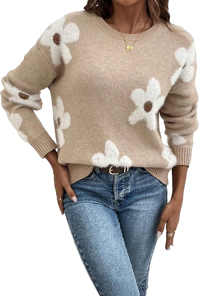 SOLY HUX Women's Floral Pattern Long Sleeve Sweaters Drop Shoulder Crew Neck Pullover Tops