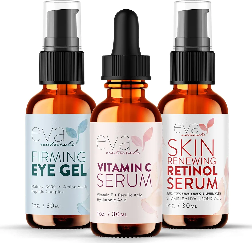 Eva Naturals Facelift in a Bottle - 3-in-1 Anti-Aging Set with Retinol Serum, Vitamin C Serum and Eye Gel - Formulated to Reduce Wrinkles, Fade Dark Spots and Treat Under-Eye Bags - Premium Quality