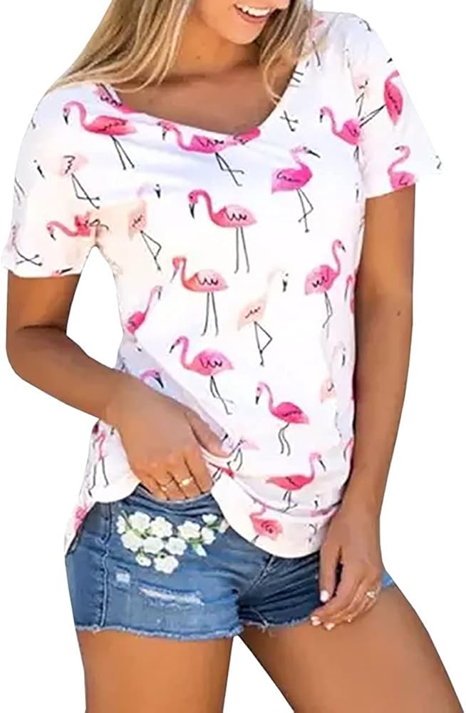 Summer Women Cute Tops, Short Sleeve Shirts V Neck Blouses Flamingos Printed Tee for Women