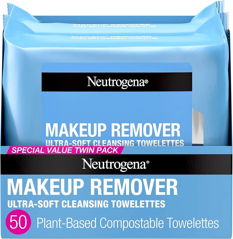 Neutrogena Makeup Remover Wipes, Ultra-Soft Cleansing Facial Towelettes for Waterproof Makeup, Alcohol-Free, Plant-Based, Twin Pack, 25 Count (Pack of 2)