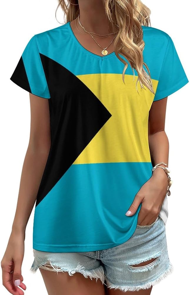 Bahamas Flag Classic Womens T-Shirts V-Neck Short Sleeve Casual Basic Fit Tee Tops Blouse