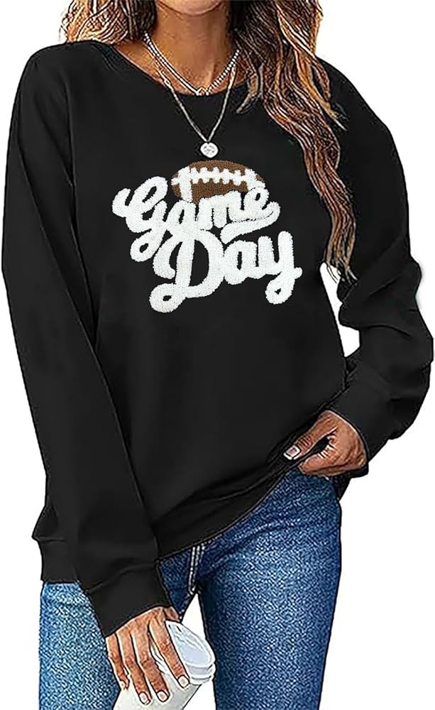 YALUCOR Women Football Sweatshirt Gameday Pullover Shirt Casual Football Mom Tops Hoodie Football Season Chenille Patch Tops