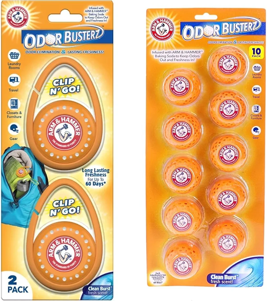 Arm & Hammer Odor Busterz Clip N' Go Air Freshener and Odor Eliminator, Orange, 2-Piece & 10-Pack Odor Busterz Deodorizing Balls, 10 Count