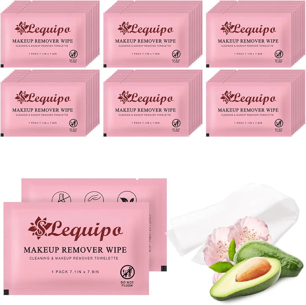 50 pcs Individually Wrapped Makeup Remover Wipes Bulk Single Makeup Remover Cloth Travel Towelette Makeup Remover Cloth for Face (PINK)