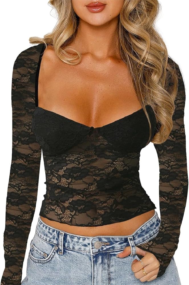 Women Y2k Lace Long Sleeve Top See Through Mesh Crop Top Floral Slim Fit Layering Top Tee Shirts Blouse Streetwear