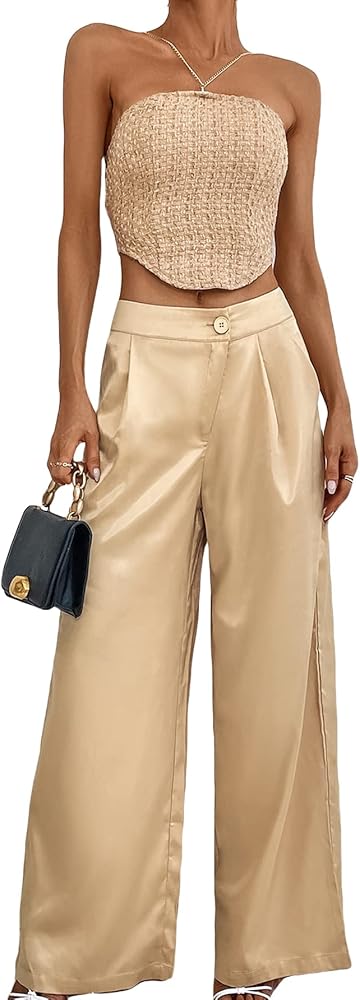 WDIRARA Women's Satin Pants Wide Leg High Waisted Loose Elegant Office Simple Pants