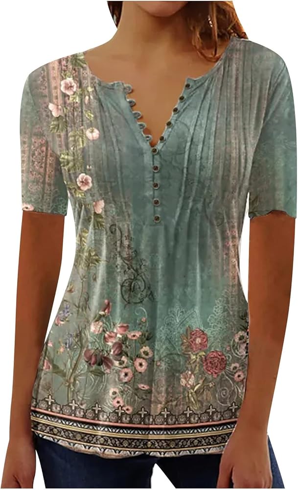 Summer Tops for Women 2024 Trendy Boho Floral Print Short Sleeve Button v Neck Shirts Loose Comfy Tunic Blouses