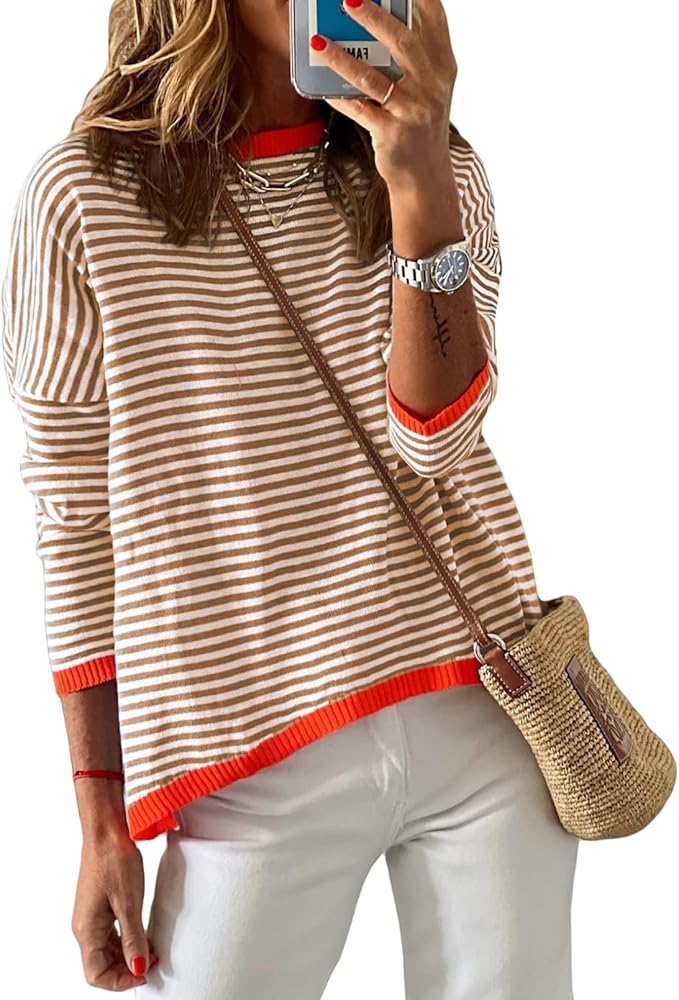 Women's Long-Sleeve Lightweight Crewneck Striped Knitted Sweater