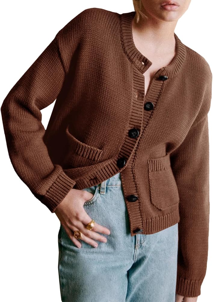 Yousify Cardigan Sweaters for Women Cropped Long Sleeve Crew Neck Button Down Sweaters Fall Winter Jacket with Pockets